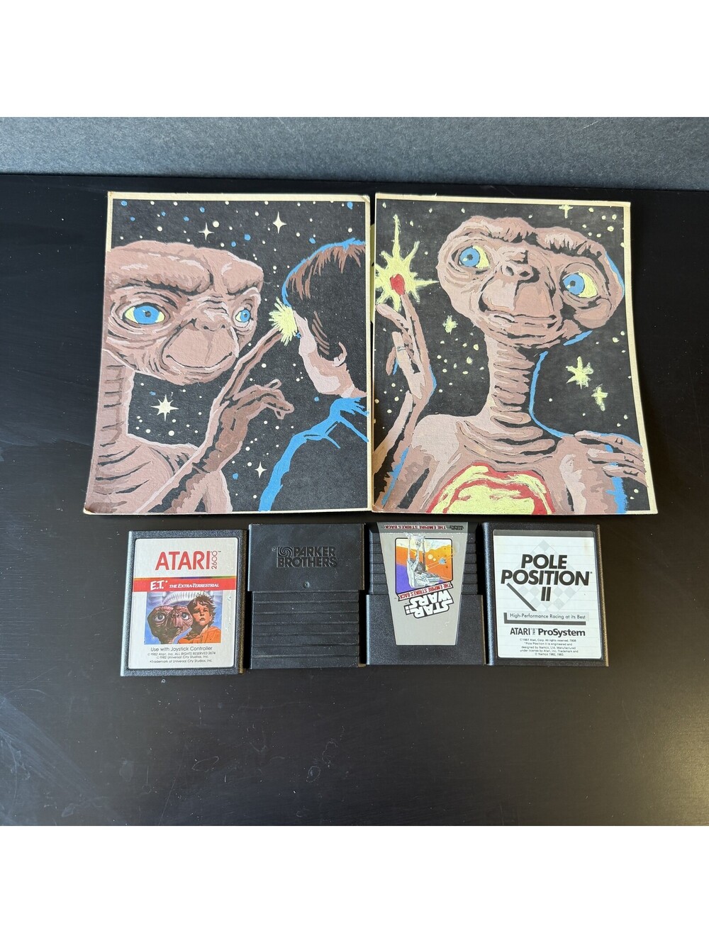 Vintage Atari 2600/7800 Game Lot E.T. Star Wars Pole Position II + Art Panels F-